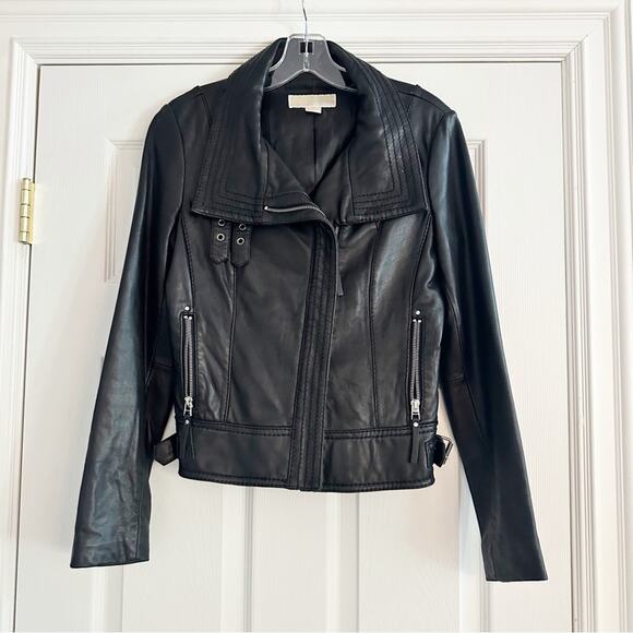 Michael Kors Genuine Leather Black Moto Jacket Biker S/P Small Petite Zipper - Picture 5 of 16